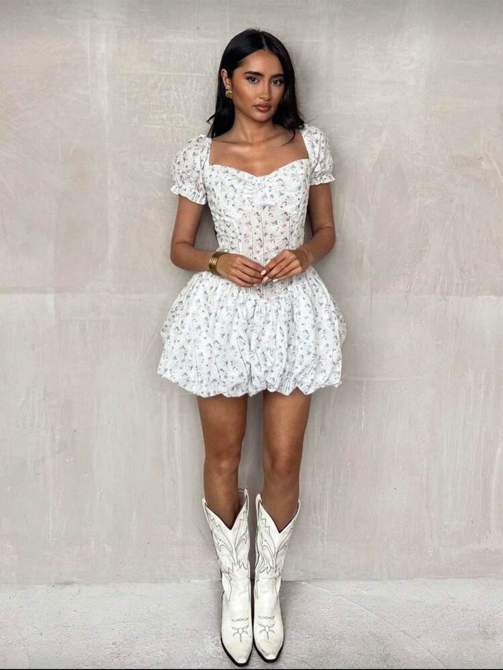 White Floral Puff Sleeve Mini Dress